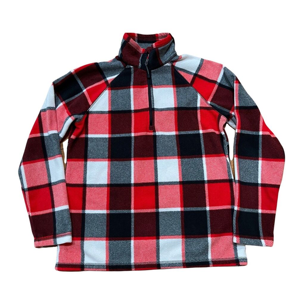 Eddie Bauer Womens Fleece Pullover Red Plaid Size Small S Petite 1/4 Zip EUC